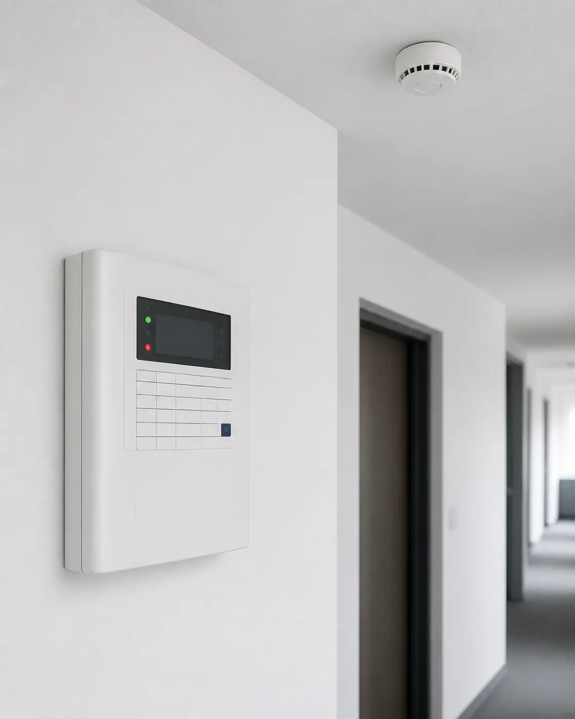 Brandmeldezentrale an einer hellen Flurwand, an der Decke ein Rauchmelder